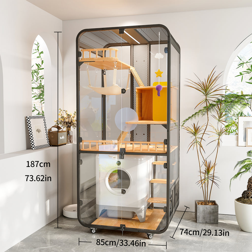 Modern Indoor Cat Condo – Space-Saving Cat Enclosure with Room for a Smart Litter Box, Balcony & Small Apartment Use