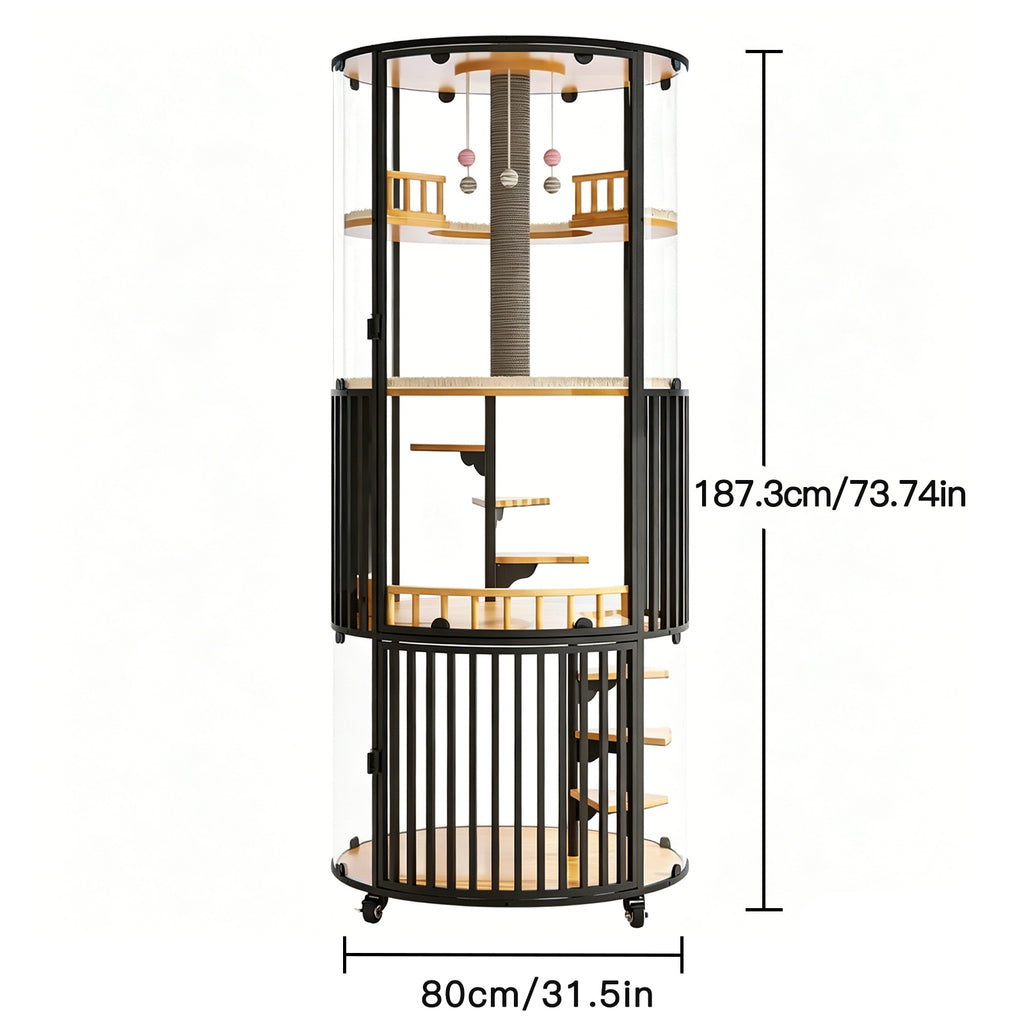 Large Cat Villa 73.7" Tall, 360° Panoramic Glass Cat Enclosure with Multi-Level Platforms, Scratching Post, Rotating Stairs—Indoor Cat Habitat for Large Cats