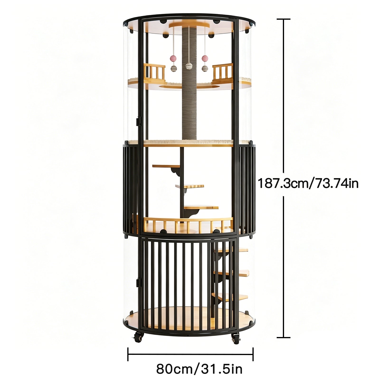 Large Cat Villa 73.7" Tall, 360° Panoramic Glass Cat Enclosure with Multi-Level Platforms, Scratching Post, Rotating Stairs—Indoor Cat Habitat for Large Cats