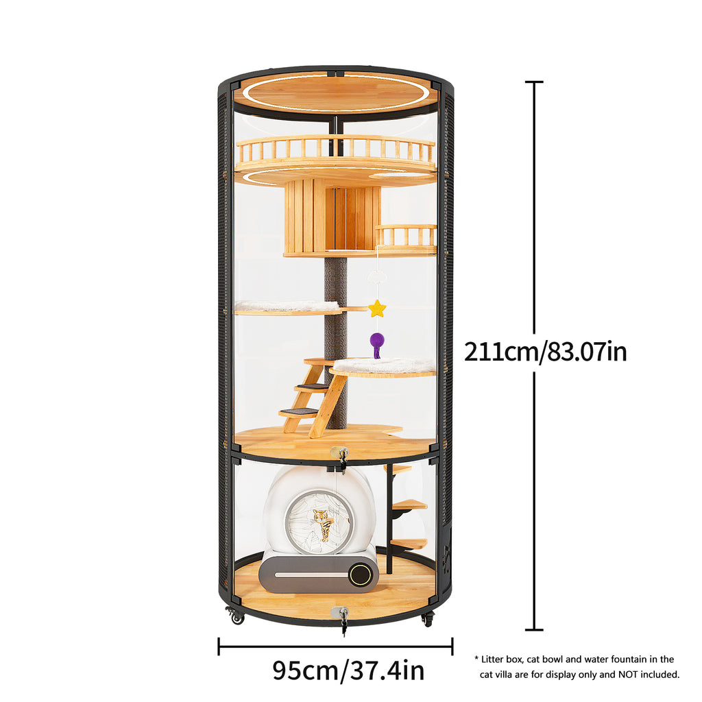Large Cat Villa, 360° Full-View Cat Cage with Tempered Glass, Smart Ventilation & Heavy-Duty Carbon Steel Frame