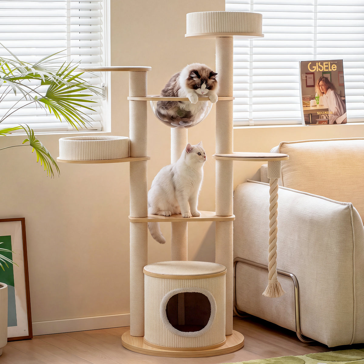 OFW01 Modern Multi-Level Cat Tree with Cozy Cat House, Hammock & Scratching Posts