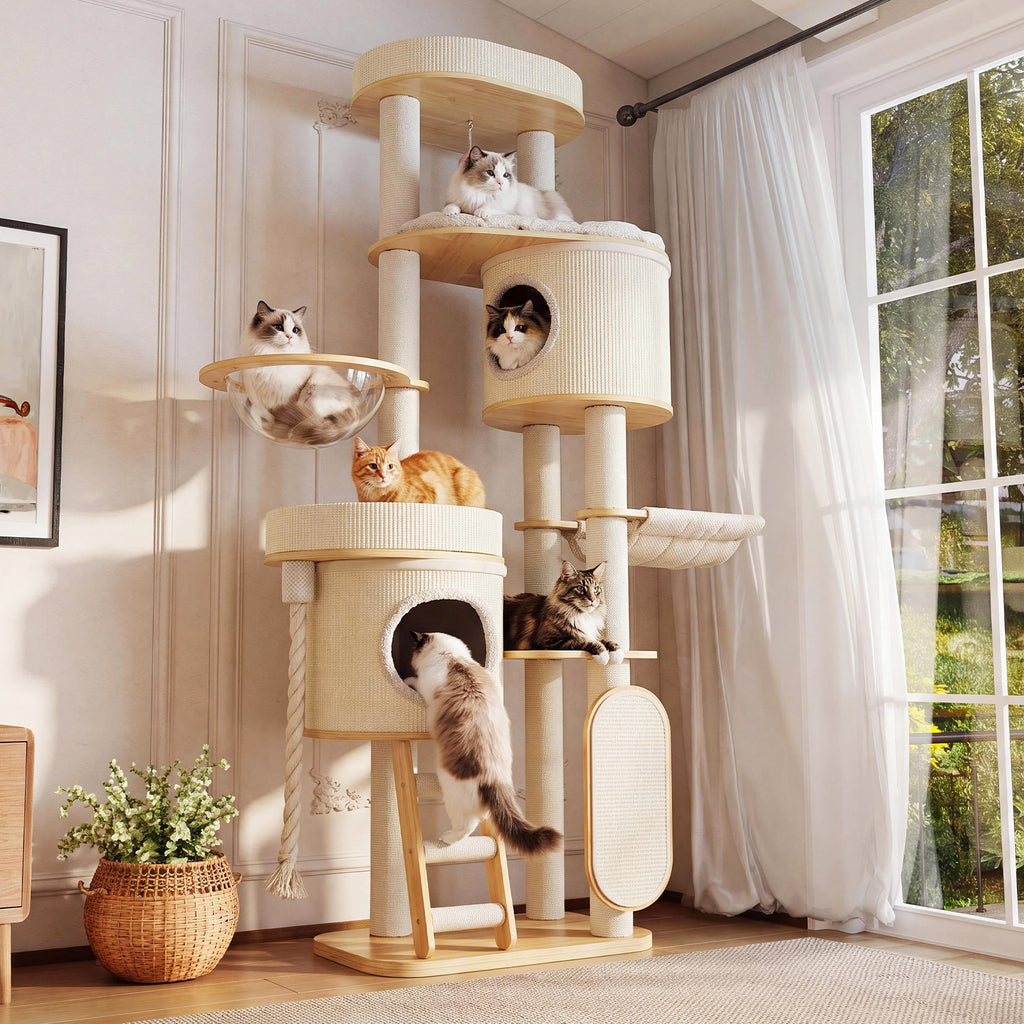 OFA05 Large Cat Tree for Indoor Cats, Multi-Level Wooden Cat Tower with Scratching Posts, Cat Condo & Cozy Cat House for Multiple Cats