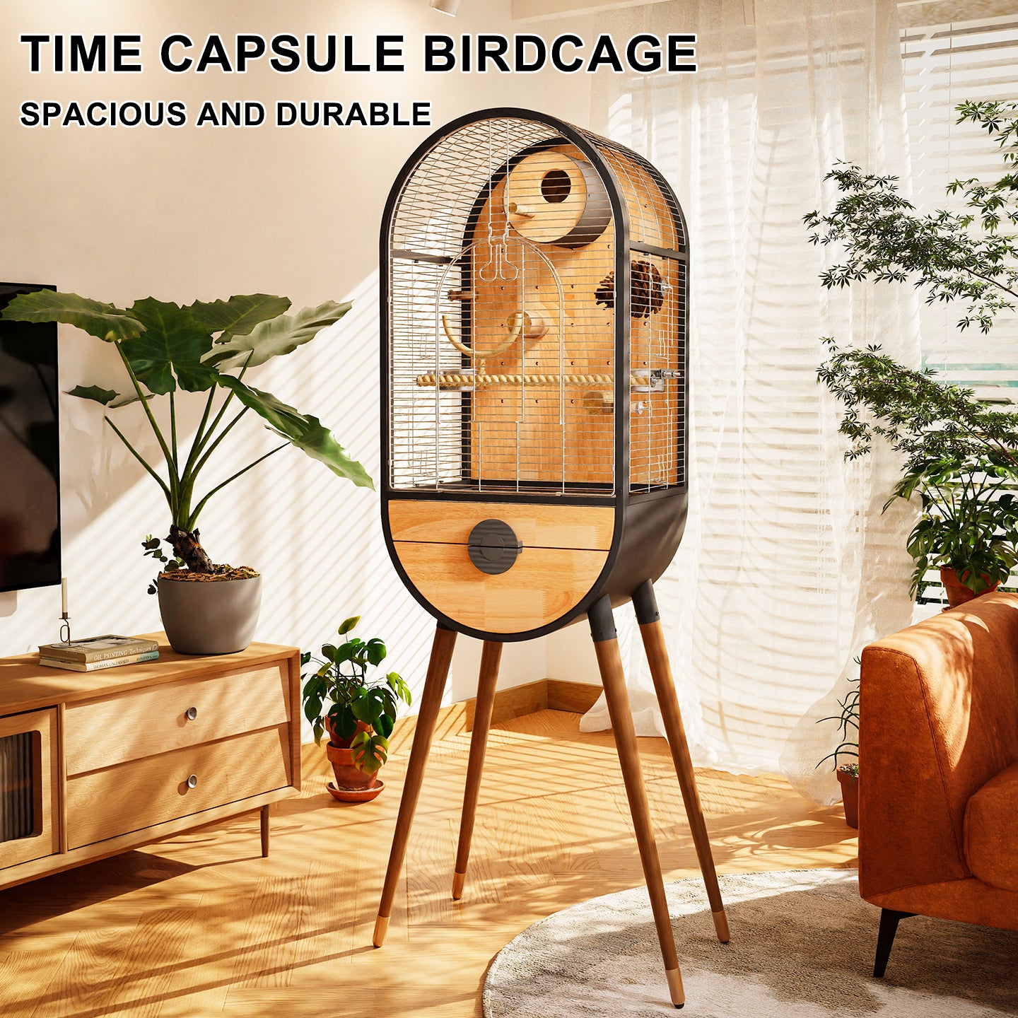 Free shipping | Luxury Parrot Cage Villa, Stainless Steel & Solid Wood Time Capsule House for Cockatiel-Free Shipping