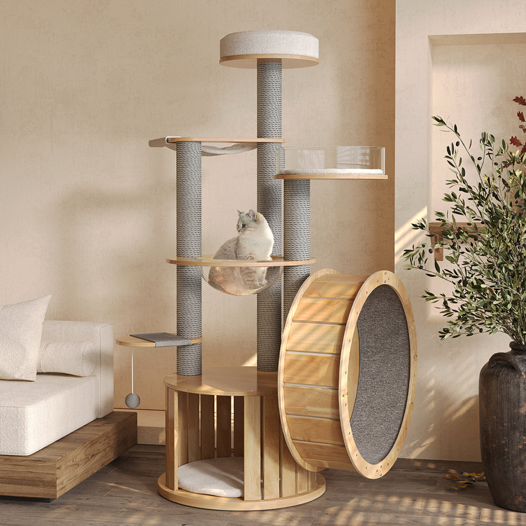 Treadmill Large Cat Tree for Indoor Cats, Multi-Level Wooden Cat Tower with Scratching Posts, Cat Condo & Cozy Cat House for Multiple Cats