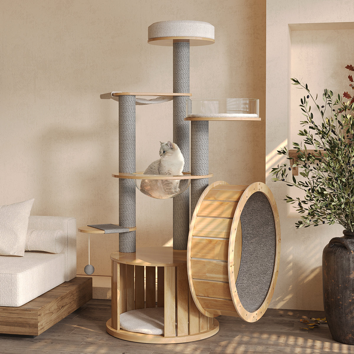Treadmill Large Cat Tree for Indoor Cats, Multi-Level Wooden Cat Tower with Scratching Posts, Cat Condo & Cozy Cat House for Multiple Cats