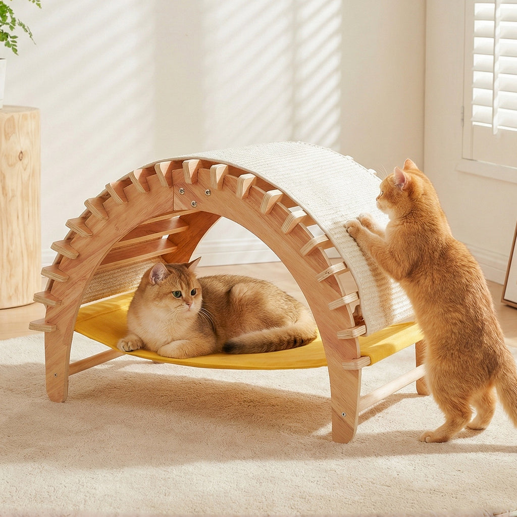 3-in-1 Sisal Cat Scratcher Bed, Cat Hammock Lounge with Solid Wood Frame, Durable Pad & Perch for Large Indoor Cats, Easy Assembly Cat Furniture