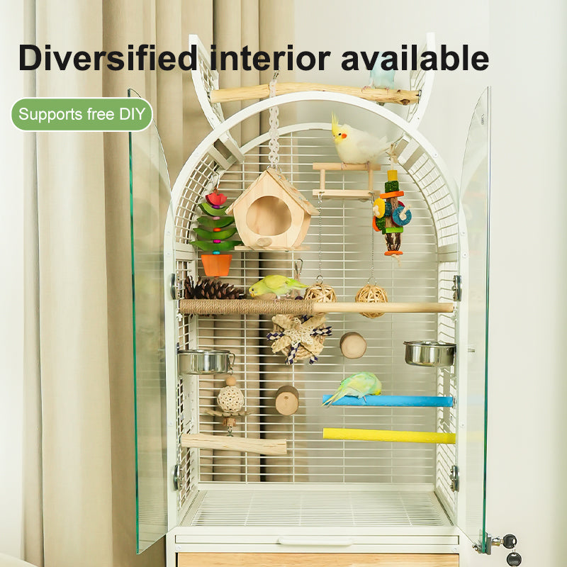 Large Wooden Parrot Cage – Luxury Bird Aviary with Stainless Steel Features, Easy-Clean Design & Anti-Splash Protection