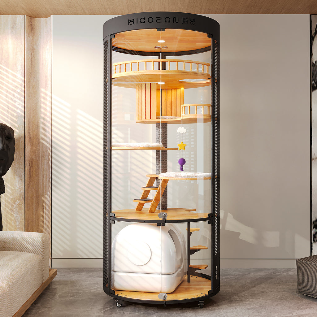 Large Cat Villa, 360° Full-View Cat Cage with Tempered Glass, Smart Ventilation & Heavy-Duty Carbon Steel Frame