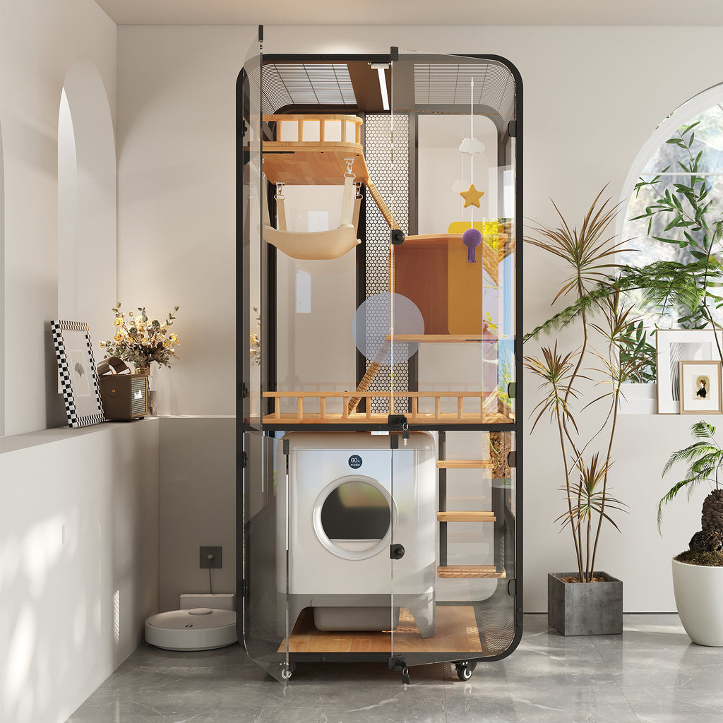 Modern Indoor Cat Condo – Space-Saving Cat Enclosure with Room for a Smart Litter Box, Balcony & Small Apartment Use