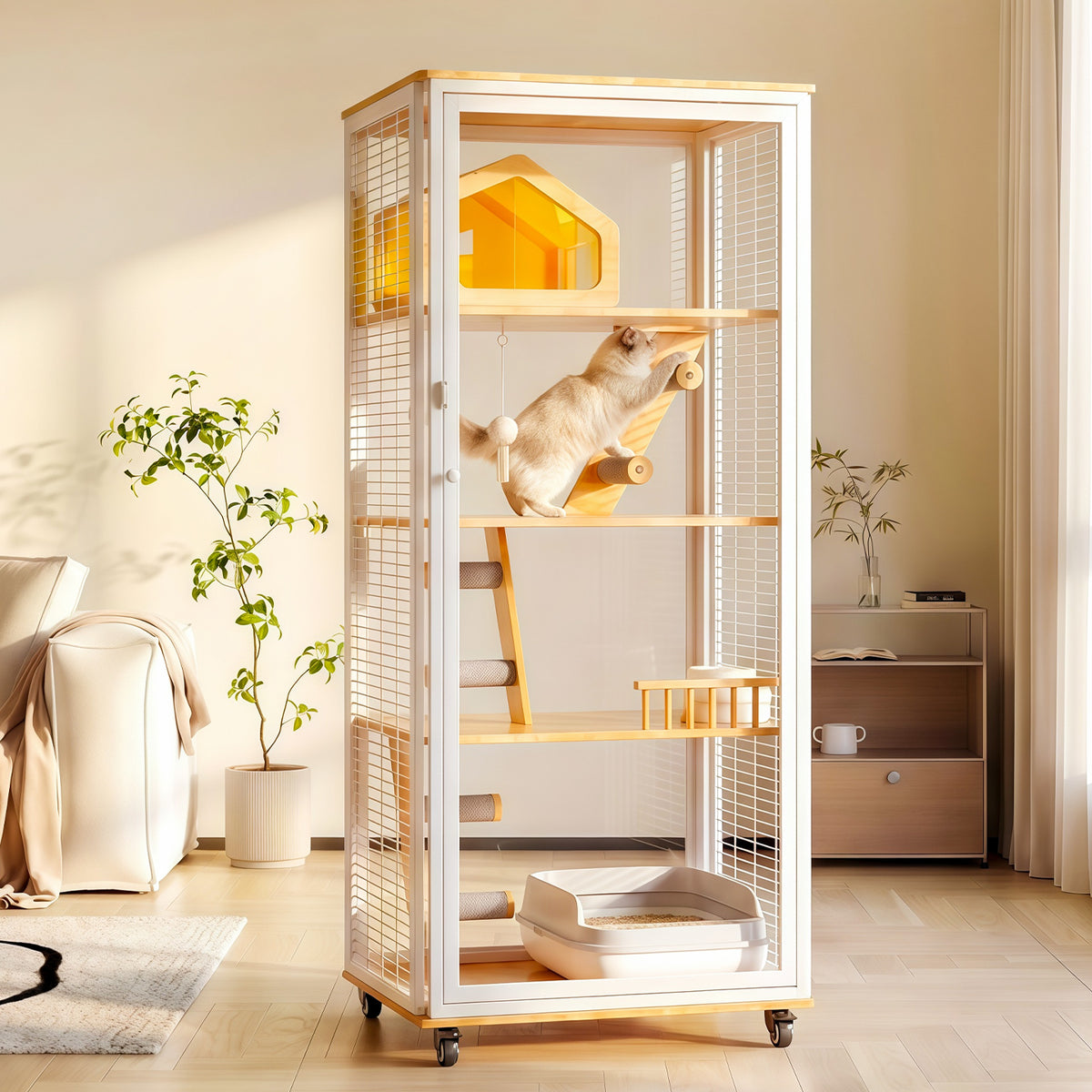 Extra Large Cat Villa, Luxury Indoor Cat Cage with Panoramic Glass Cat House