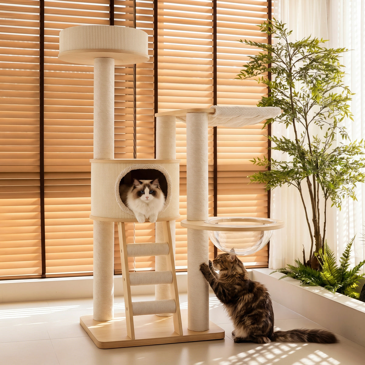 OFW03 Modern Multi-Level Cat Tree with Cozy Cat House, Hammock & Scratching Posts