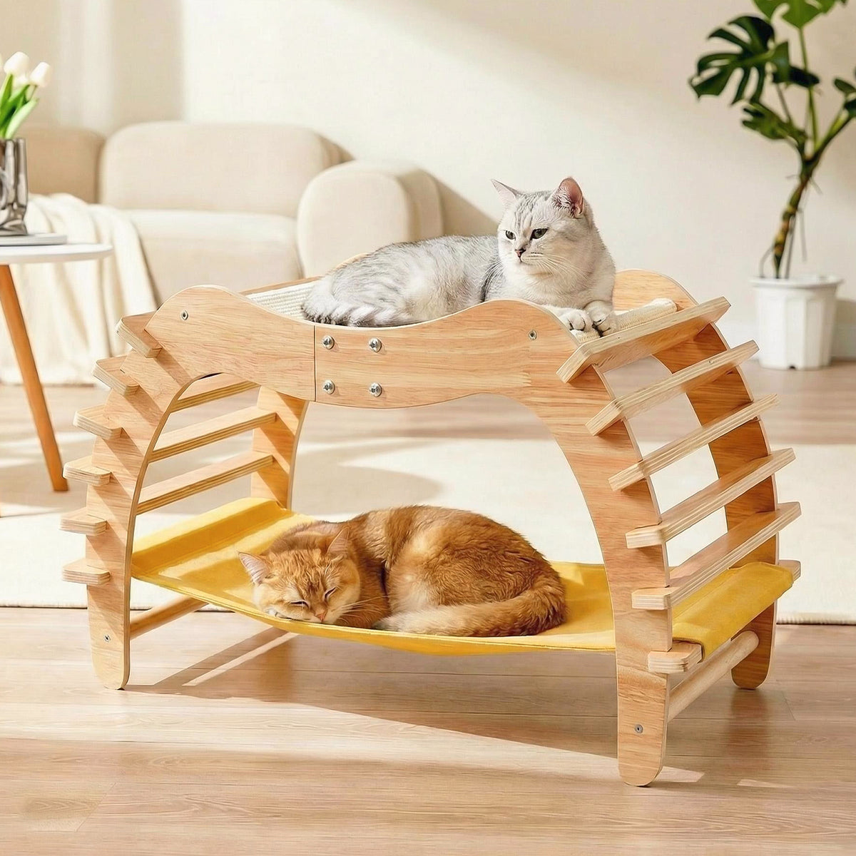 3-in-1 Sisal Cat Scratcher Bed, Cat Hammock Lounge with Solid Wood Frame, Durable Pad & Perch for Large Indoor Cats, Easy Assembly Cat Furniture