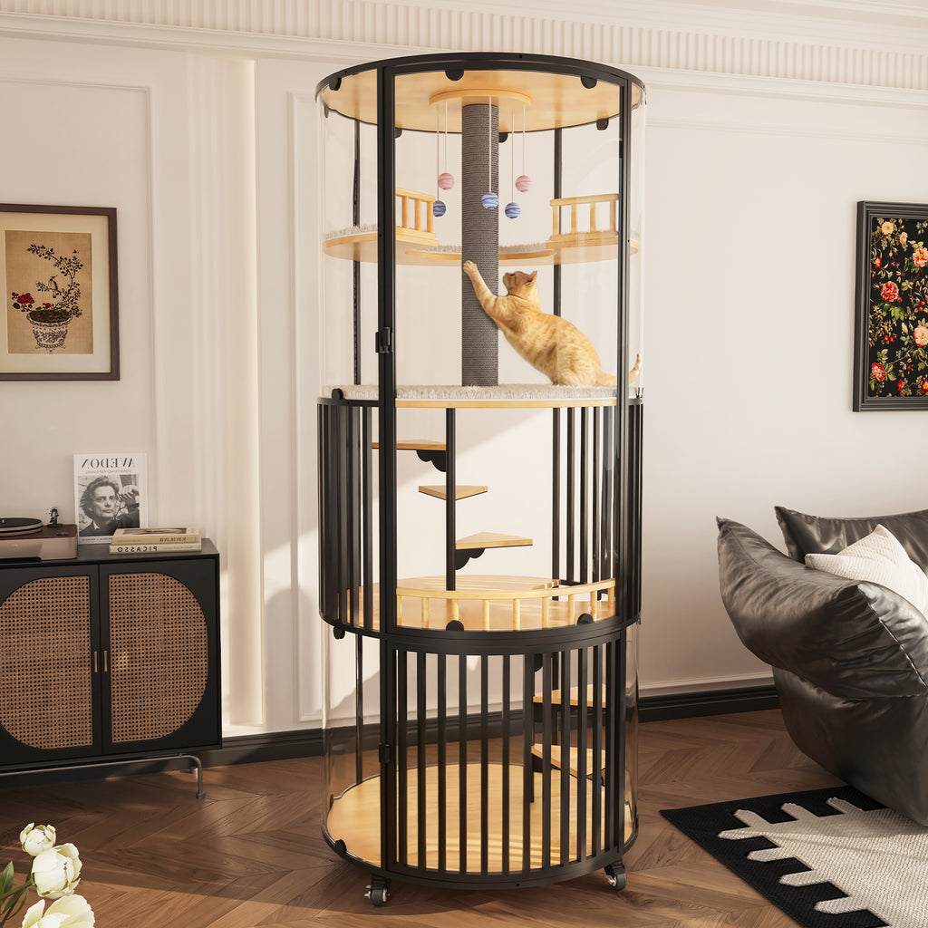 Large Cat Villa 73.7" Tall, 360° Panoramic Glass Cat Enclosure with Multi-Level Platforms, Scratching Post, Rotating Stairs—Indoor Cat Habitat for Large Cats