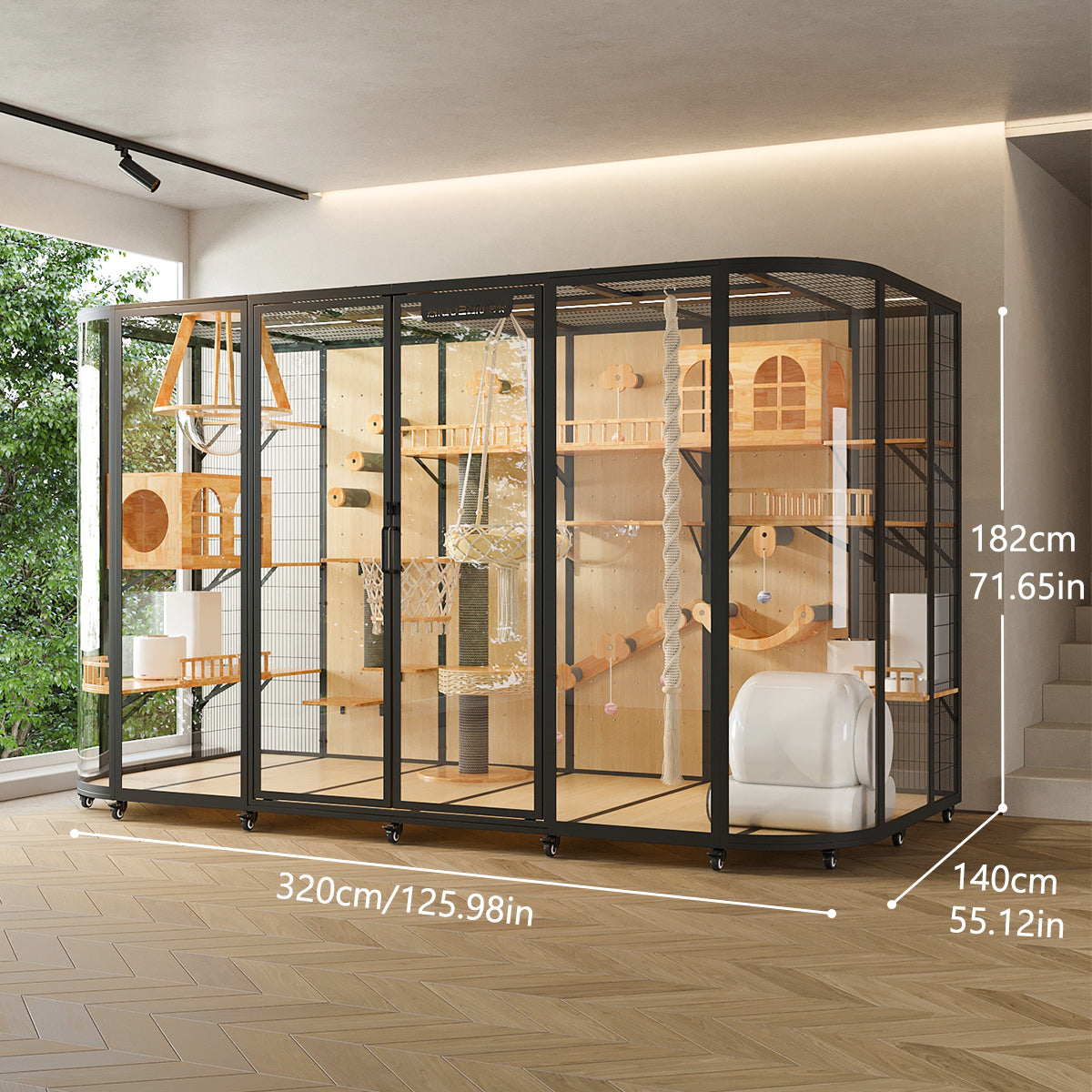 Extra Large Cat Villa, Luxury Indoor Cat House with Panoramic Tempered Glass, Spacious Cat Enclosure for Indoor Cats, Large Cat Cage Furniture, Modern Cat Mansion