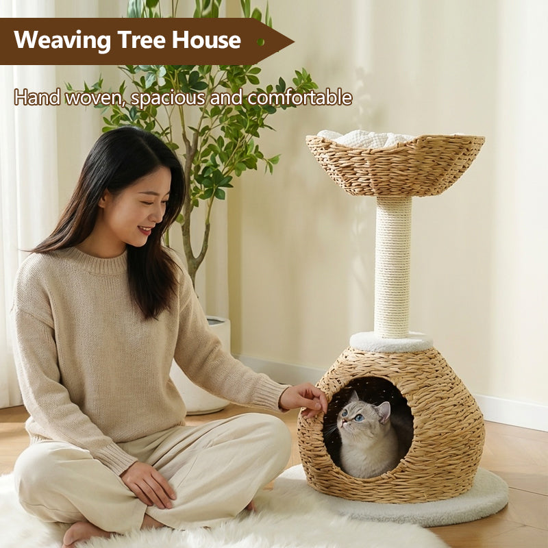 MiaoZan Wicker Cat Climbing Frame Multifunctional Cat Bed Scratching Post Toy Space-Saving