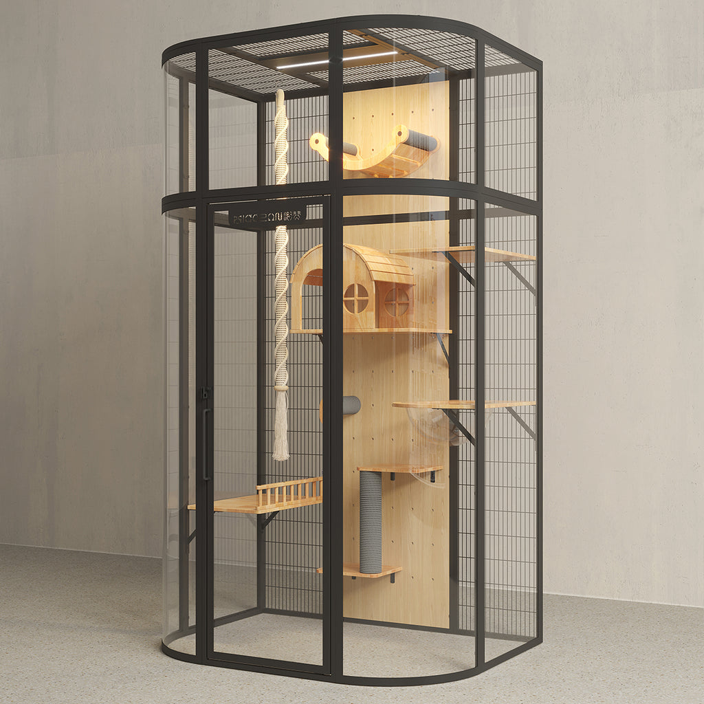 TIANMAO Luxury Panoramic Indoor Cat Villa – Large Cat Enclosure with Tempered Glass & Solid Wood