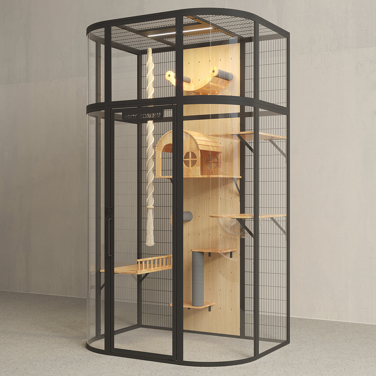 TIANMAO Luxury Panoramic Indoor Cat Villa – Large Cat Enclosure with Tempered Glass & Solid Wood