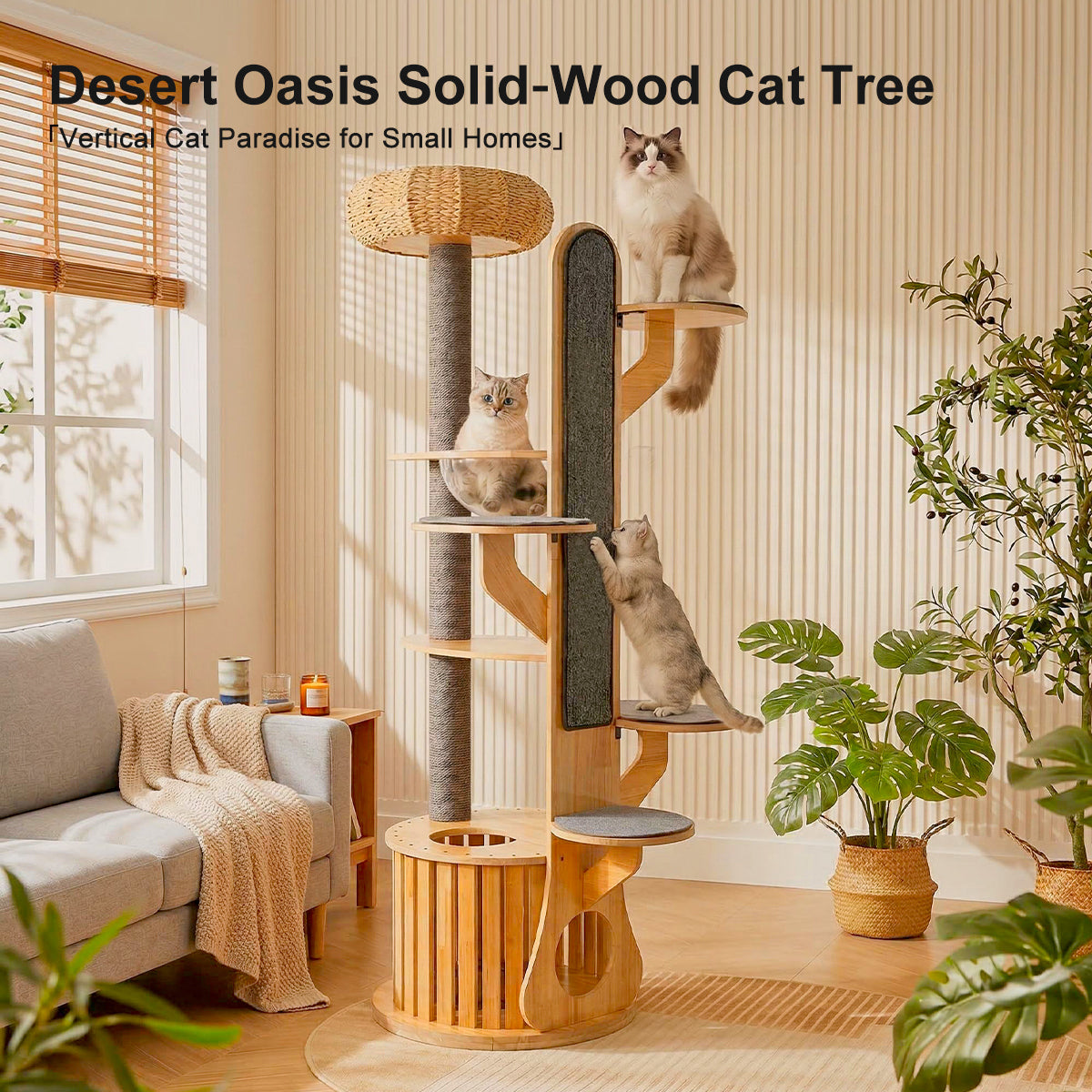 190cm Solid Wood Cat Tree with Scratching Posts & Cat Pod – Space-Saving Vertical Cat Tower