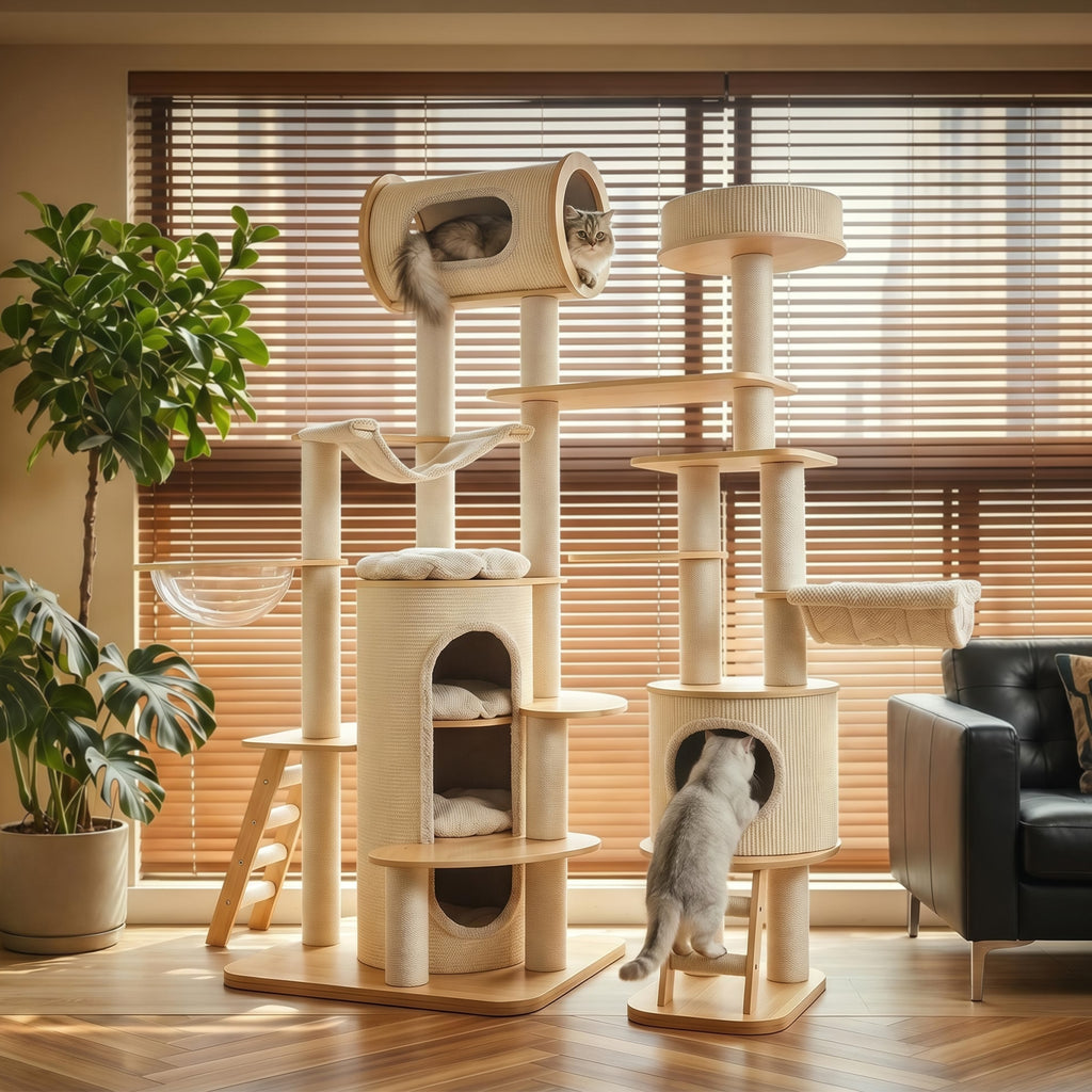 OFA07 Large Cat Tree for Indoor Cats, Multi-Level Wooden Cat Tower with Scratching Posts, Cat Condo & Cozy Cat House for Multiple Cats