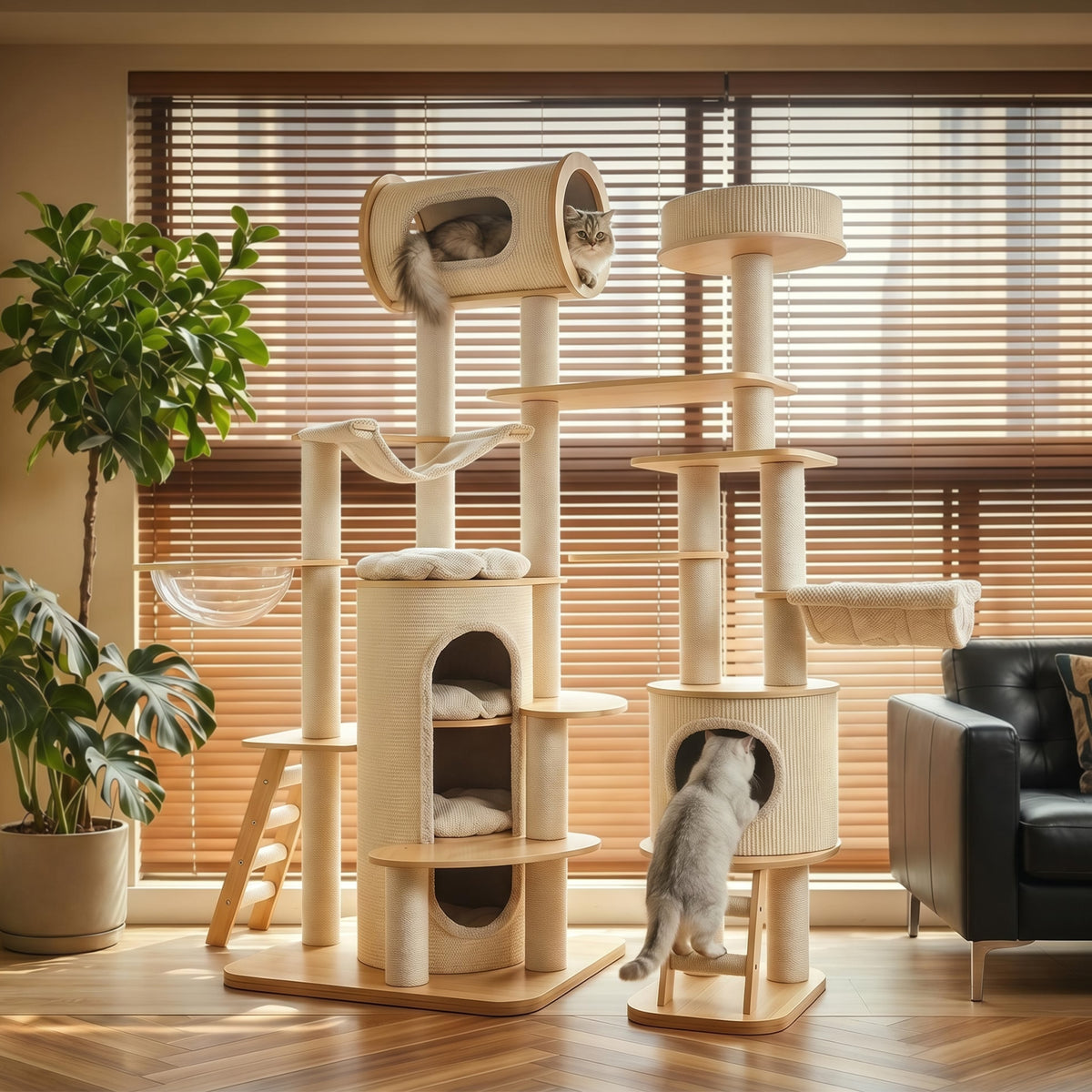 OFA07 Large Cat Tree for Indoor Cats, Multi-Level Wooden Cat Tower with Scratching Posts, Cat Condo & Cozy Cat House for Multiple Cats
