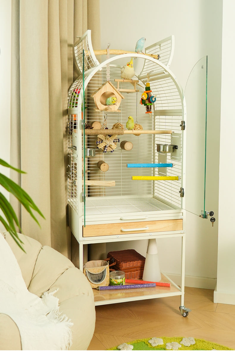 Large Wooden Parrot Cage – Luxury Bird Aviary with Stainless Steel Features, Easy-Clean Design & Anti-Splash Protection