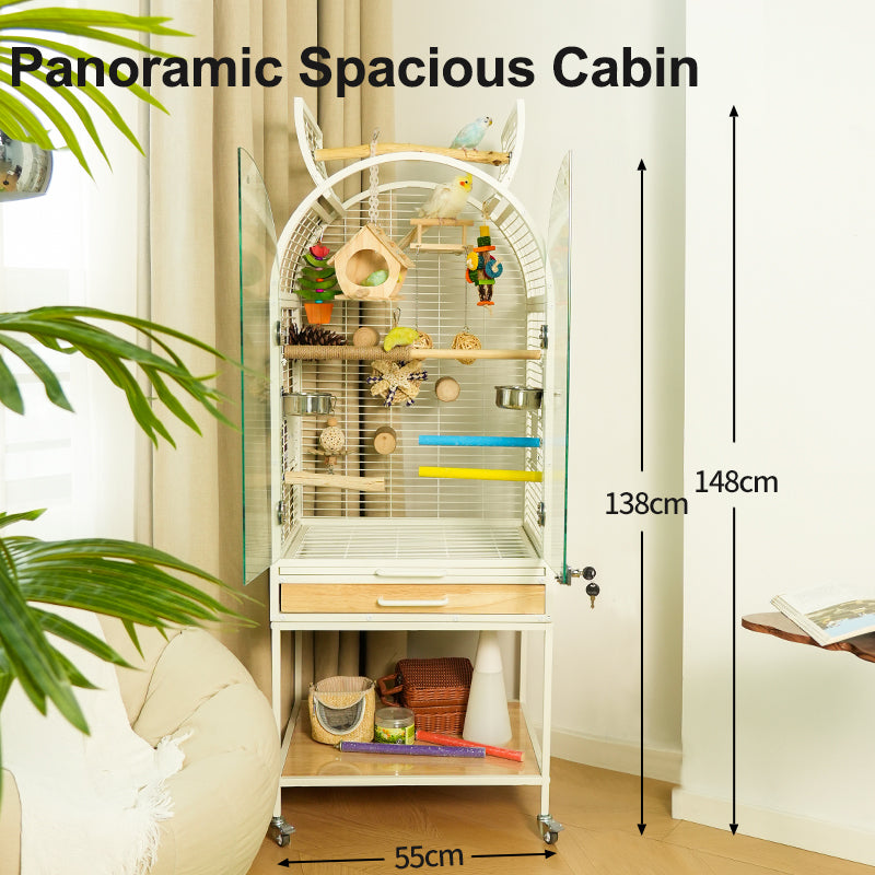 Large Wooden Parrot Cage – Luxury Bird Aviary with Stainless Steel Features, Easy-Clean Design & Anti-Splash Protection