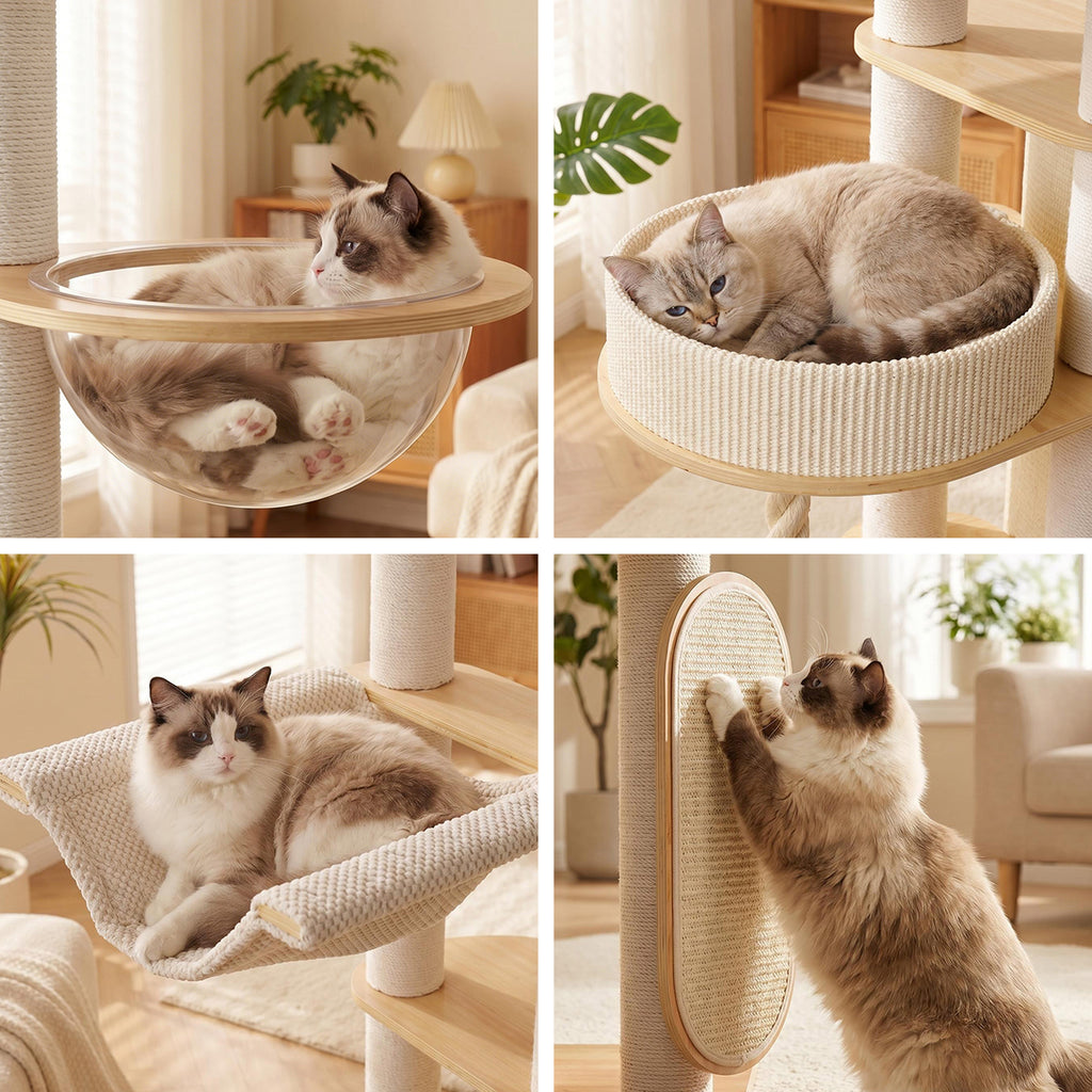 OFA06 Modern Multi-Level Cat Tree with Cozy Cat House, Hammock & Scratching Posts