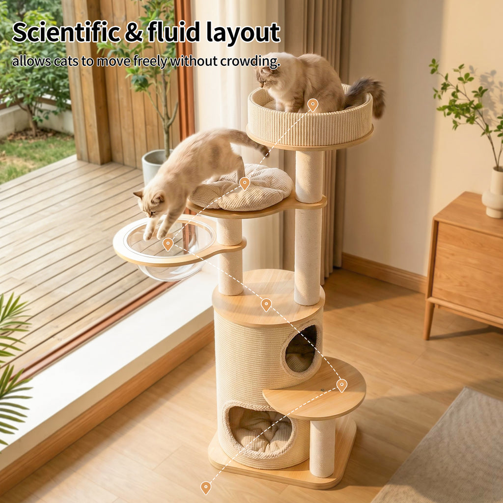 OFA03 Large Cat Tree for Indoor Cats, Multi-Level Wooden Cat Tower with Scratching Posts, Cat Condo & Cozy Cat House for Multiple Cats