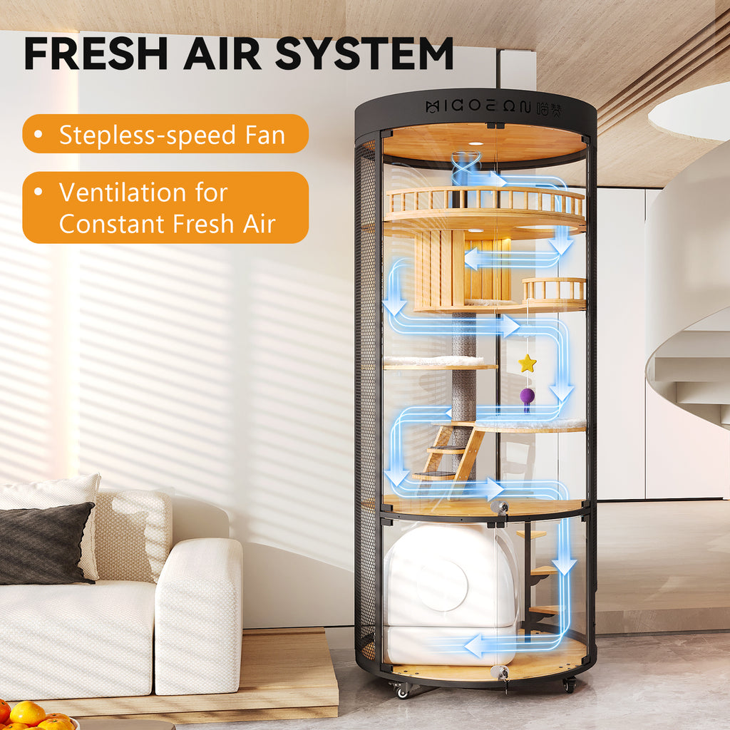 Large Cat Villa, 360° Full-View Cat Cage with Tempered Glass, Smart Ventilation & Heavy-Duty Carbon Steel Frame