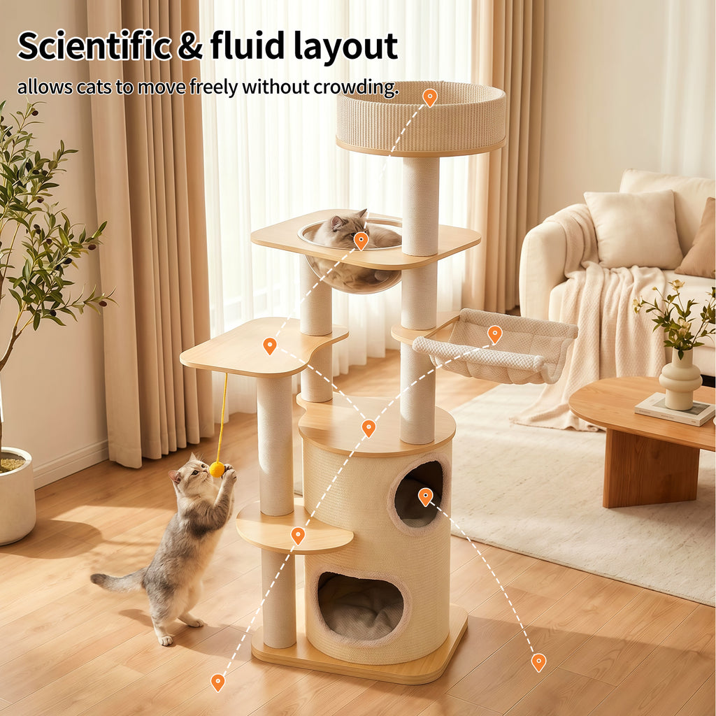 OFA04 Large Cat Tree for Indoor Cats, Multi-Level Wooden Cat Tower with Scratching Posts, Cat Condo & Cozy Cat House for Multiple Cats