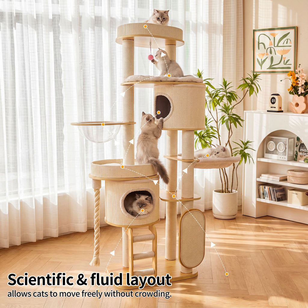 OFA05 Large Cat Tree for Indoor Cats, Multi-Level Wooden Cat Tower with Scratching Posts, Cat Condo & Cozy Cat House for Multiple Cats
