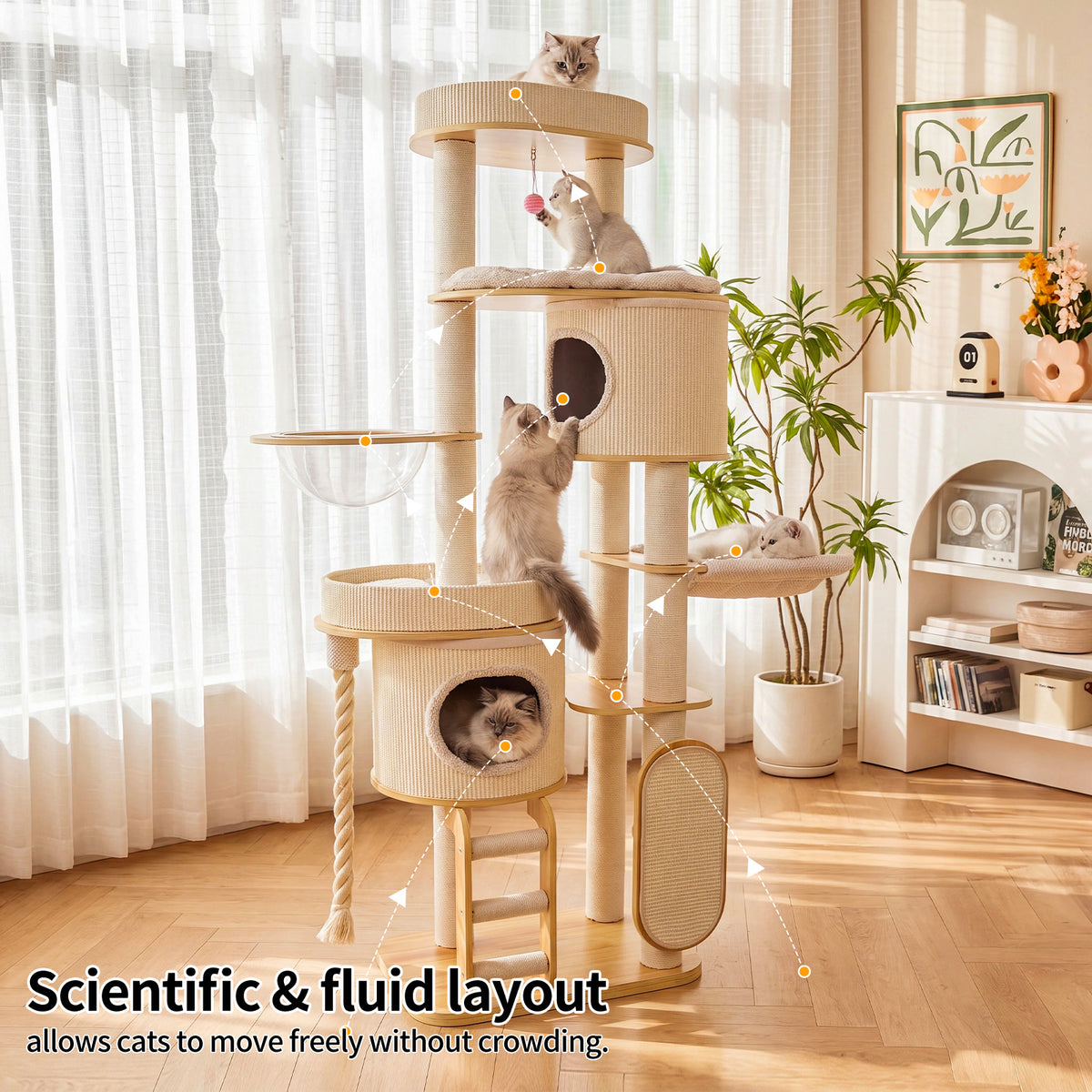 OFA05 Large Cat Tree for Indoor Cats, Multi-Level Wooden Cat Tower with Scratching Posts, Cat Condo & Cozy Cat House for Multiple Cats