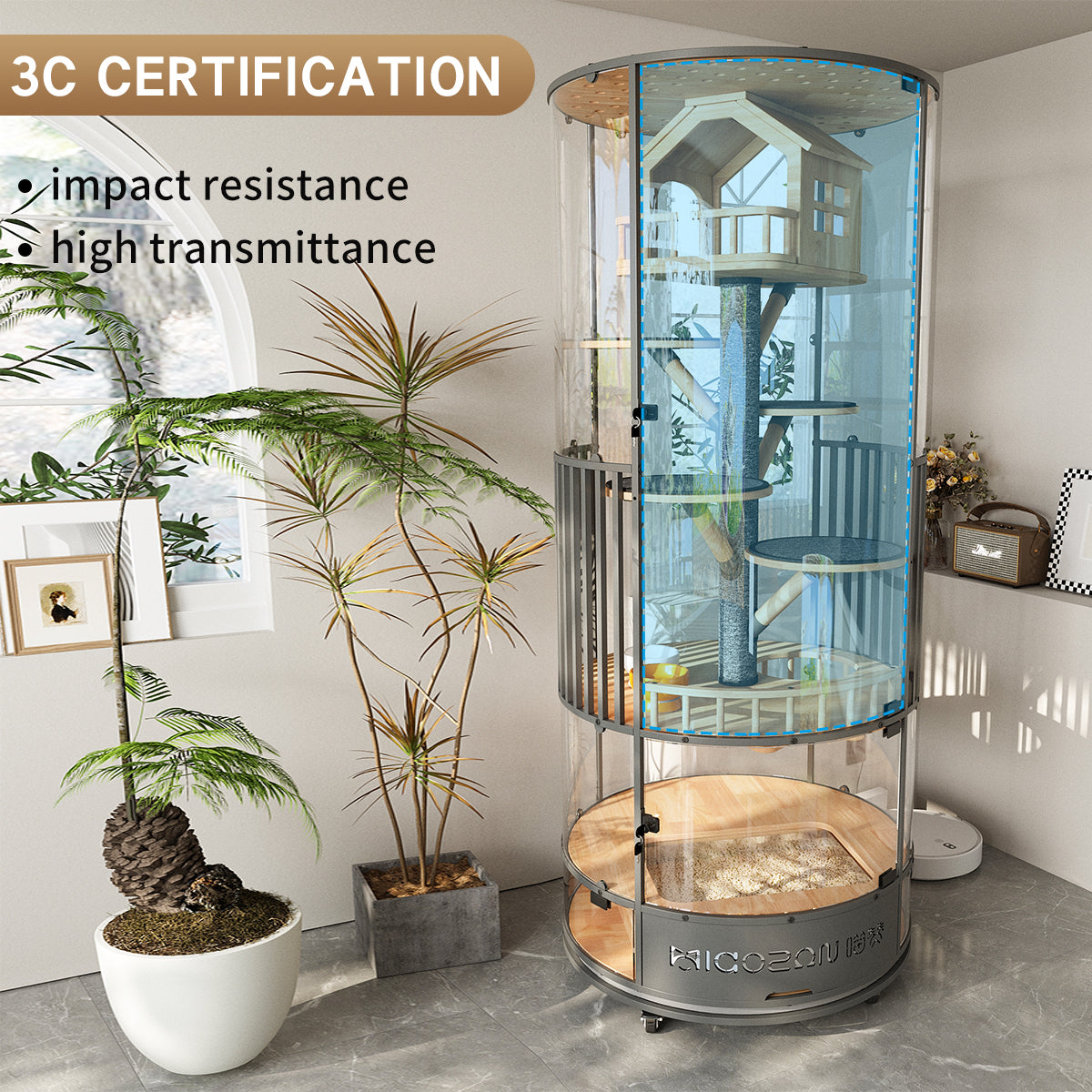 Premium 360° Transparent Glass Cat Condo – Multi-Level Luxury Cat Tower with Double-Door Design