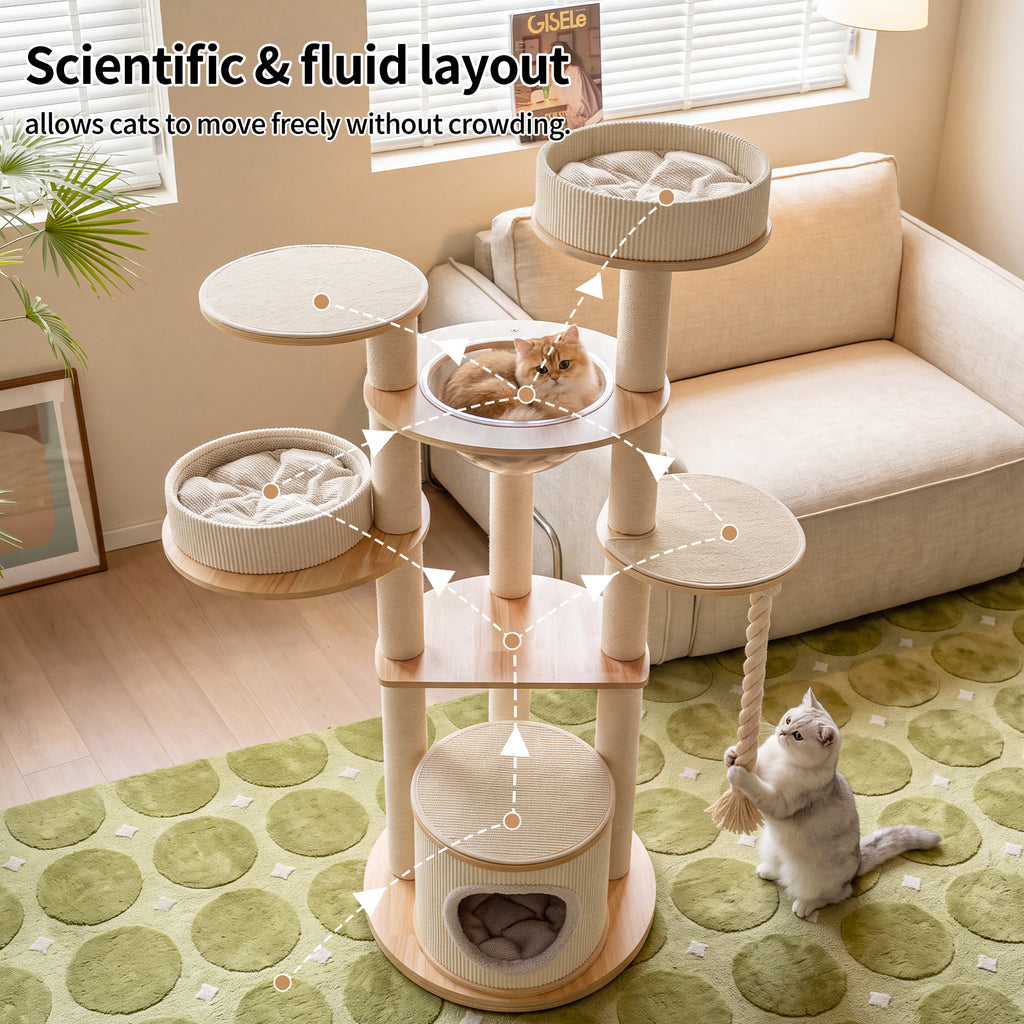 OFW01 Modern Multi-Level Cat Tree with Cozy Cat House, Hammock & Scratching Posts
