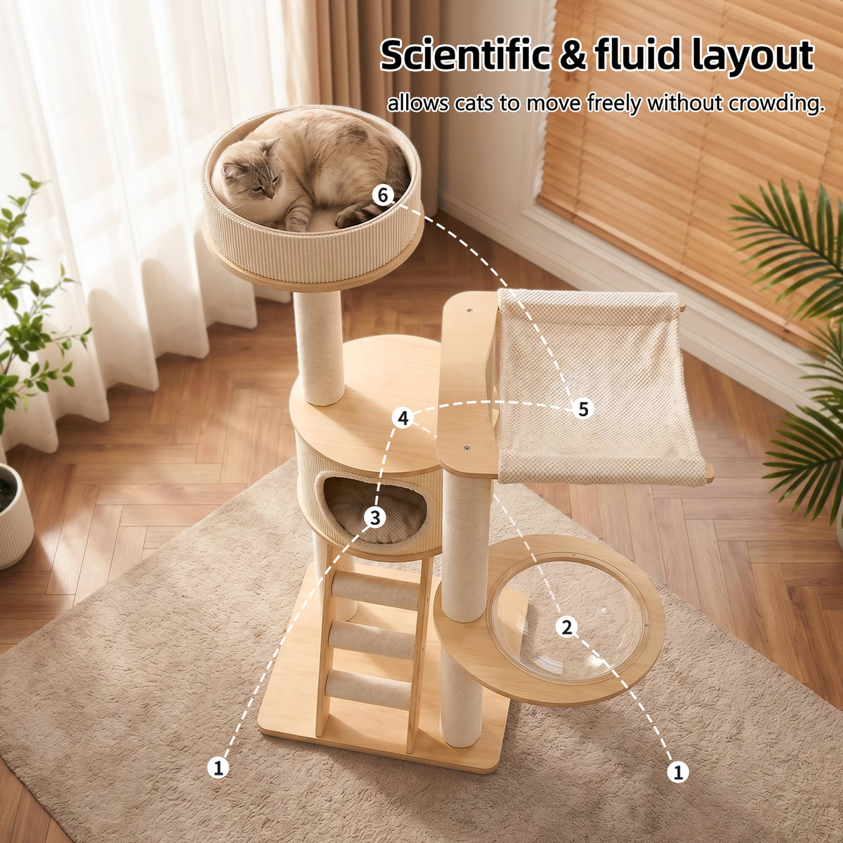 OFW03 Modern Multi-Level Cat Tree with Cozy Cat House, Hammock & Scratching Posts