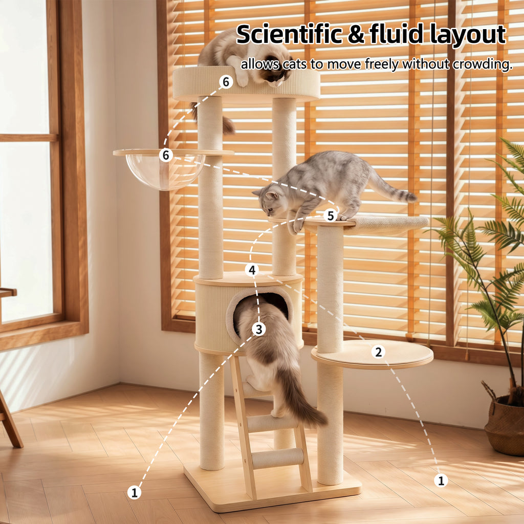 OFW02 Modern Multi-Level Cat Tree with Cozy Cat House, Hammock & Scratching Posts