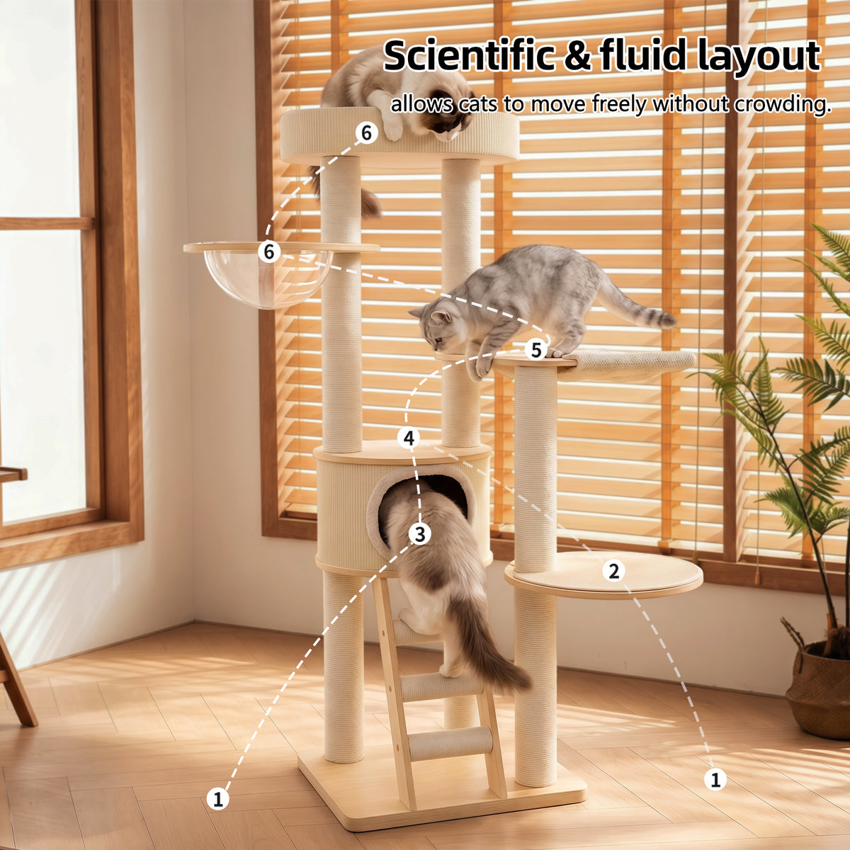 OFW02 Modern Multi-Level Cat Tree with Cozy Cat House, Hammock & Scratching Posts