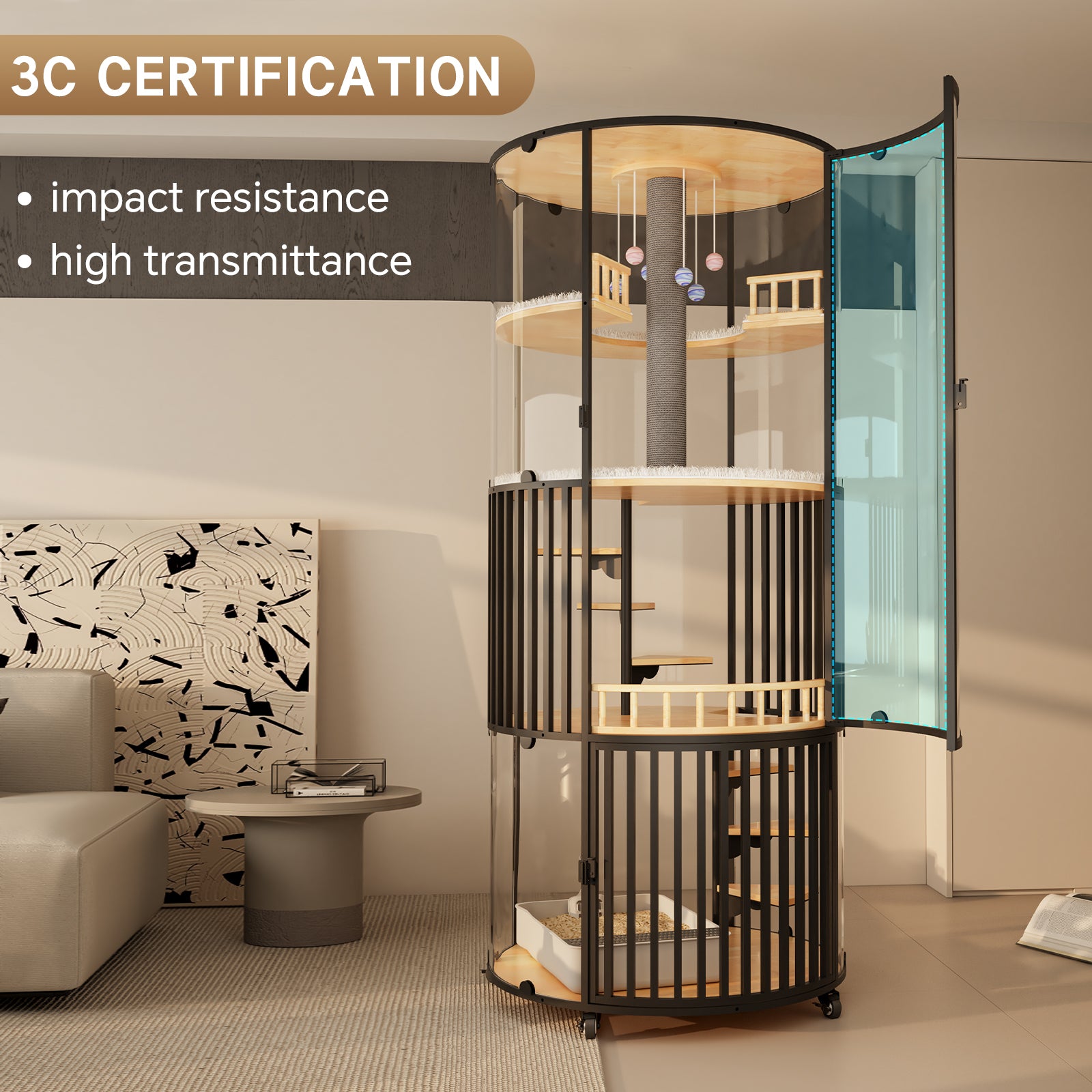 Large Cat Villa 73.7" Tall, 360° Panoramic Glass Cat Enclosure with Multi-Level Platforms, Scratching Post, Rotating Stairs—Indoor Cat Habitat for Large Cats