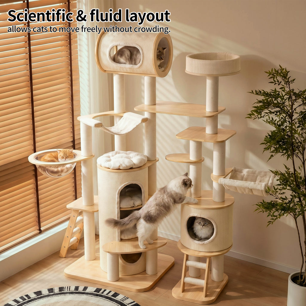 OFA07 Large Cat Tree for Indoor Cats, Multi-Level Wooden Cat Tower with Scratching Posts, Cat Condo & Cozy Cat House for Multiple Cats