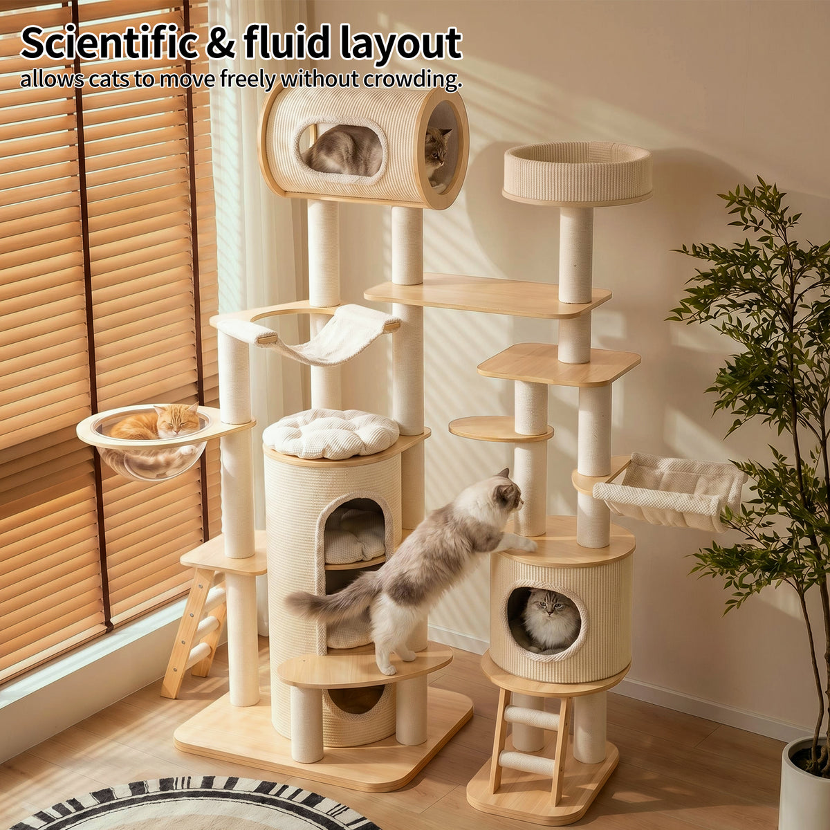 OFA07 Large Cat Tree for Indoor Cats, Multi-Level Wooden Cat Tower with Scratching Posts, Cat Condo & Cozy Cat House for Multiple Cats