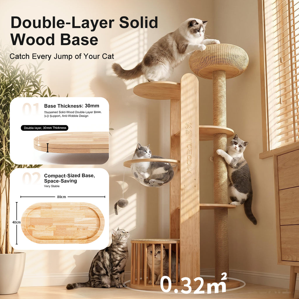 Large Solid Wood Cat Tree for Multiple Cats – Space-Saving Vertical Cat Tower with Scratching Posts & Hammock