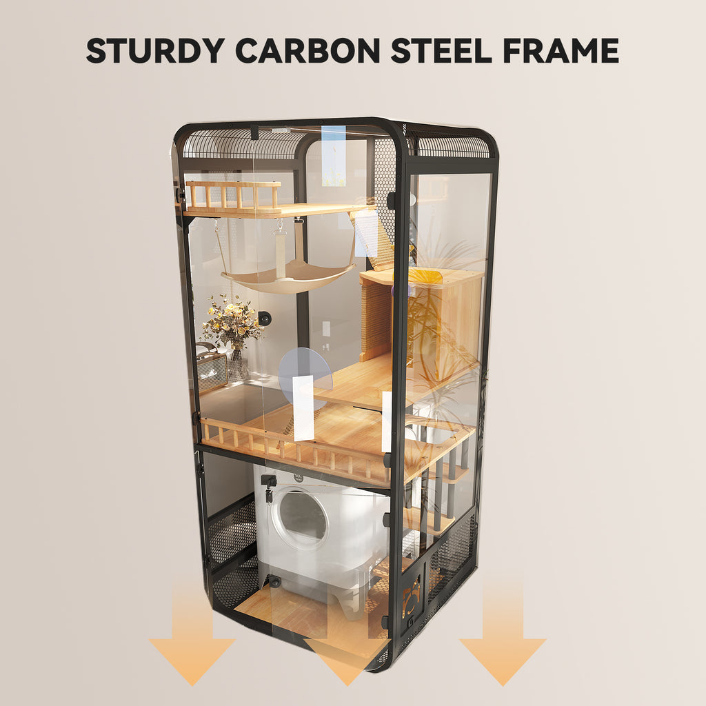 Modern Indoor Cat Condo – Space-Saving Cat Enclosure with Room for a Smart Litter Box, Balcony & Small Apartment Use