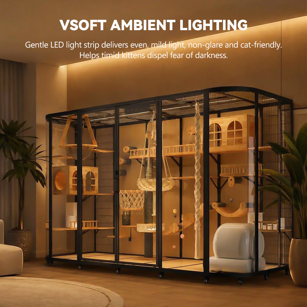 Extra Large Cat Villa, Luxury Indoor Cat House with Panoramic Tempered Glass, Spacious Cat Enclosure for Indoor Cats, Large Cat Cage Furniture, Modern Cat Mansion