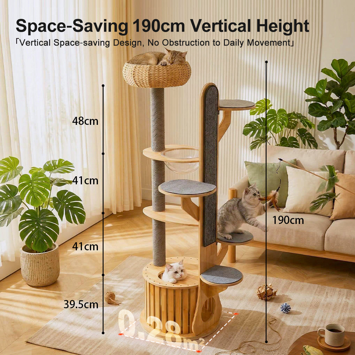 190cm Solid Wood Cat Tree with Scratching Posts & Cat Pod – Space-Saving Vertical Cat Tower