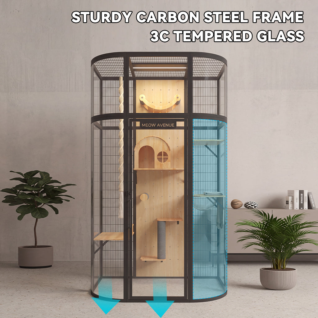 TIANMAO Luxury Panoramic Indoor Cat Villa – Large Cat Enclosure with Tempered Glass & Solid Wood