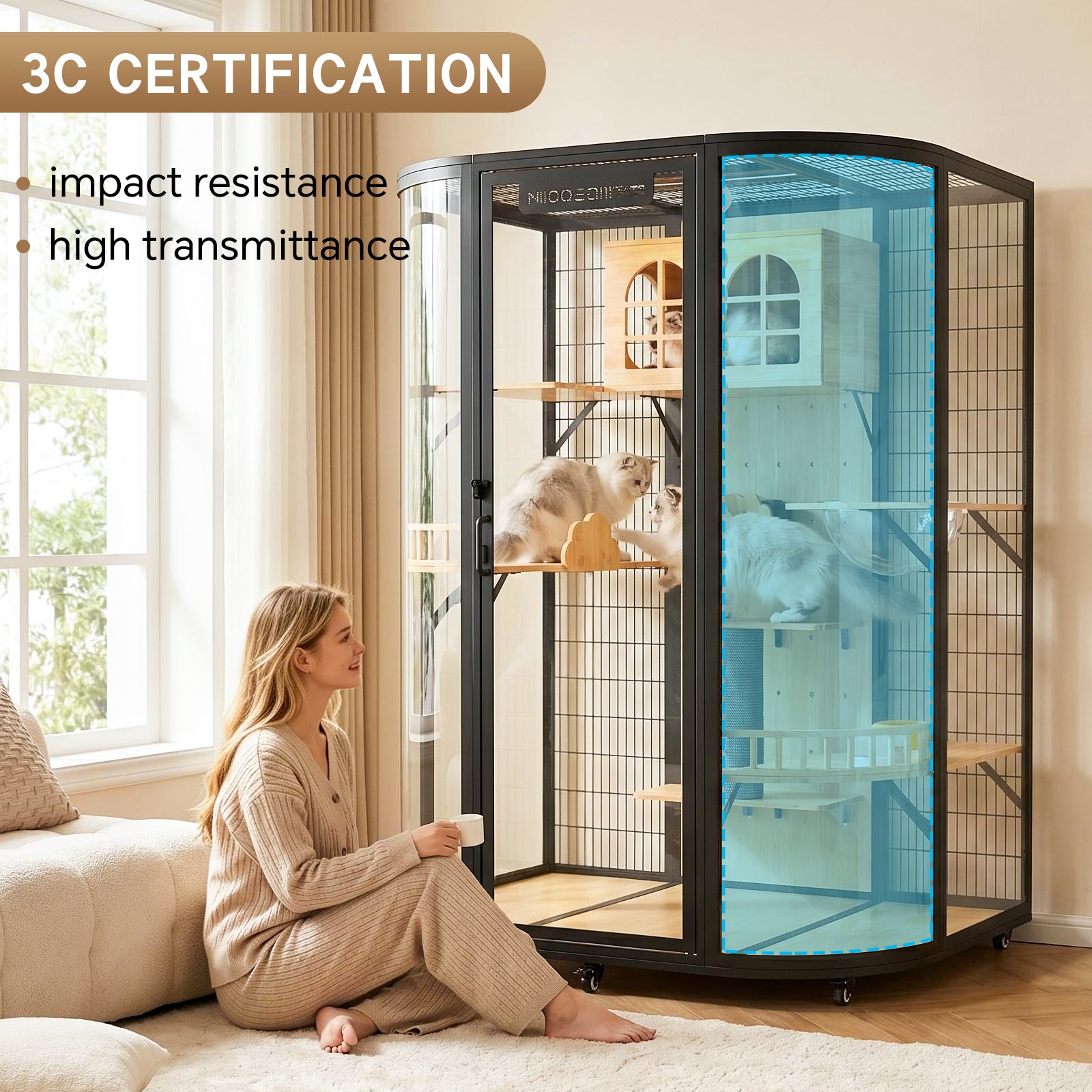 Large Cat Enclosure Indoor with LED Light | 74.8" Tall Glass Cat Condo | 360° Rotatable Cat Villa with Multi-Level Platforms for Multiple Cats