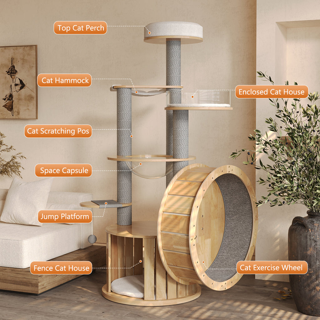 Treadmill Large Cat Tree for Indoor Cats, Multi-Level Wooden Cat Tower with Scratching Posts, Cat Condo & Cozy Cat House for Multiple Cats