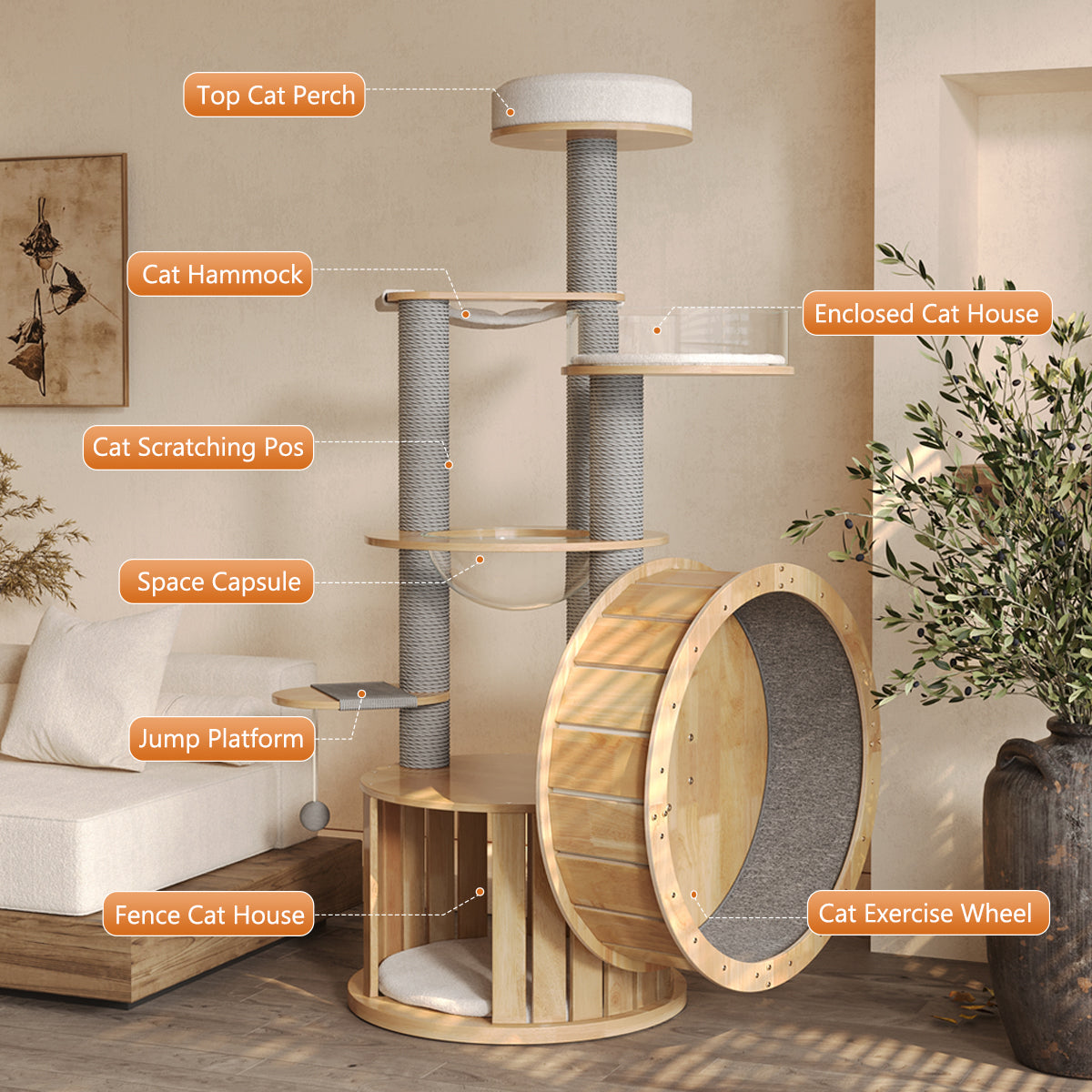 Treadmill Large Cat Tree for Indoor Cats, Multi-Level Wooden Cat Tower with Scratching Posts, Cat Condo & Cozy Cat House for Multiple Cats