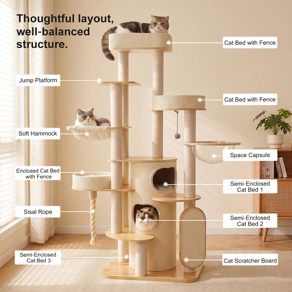 OFA06 Modern Multi-Level Cat Tree with Cozy Cat House, Hammock & Scratching Posts