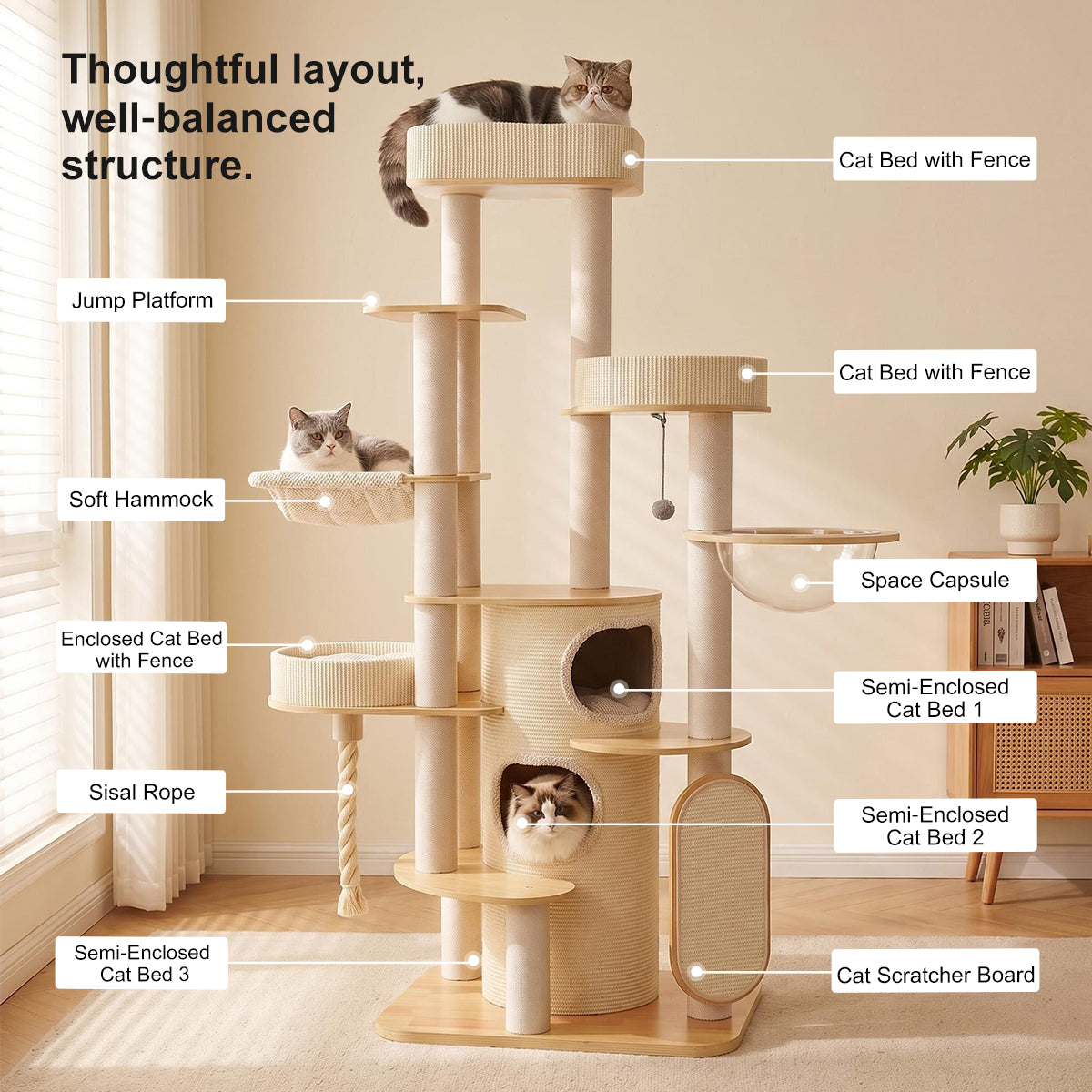 OFA06 Modern Multi-Level Cat Tree with Cozy Cat House, Hammock & Scratching Posts